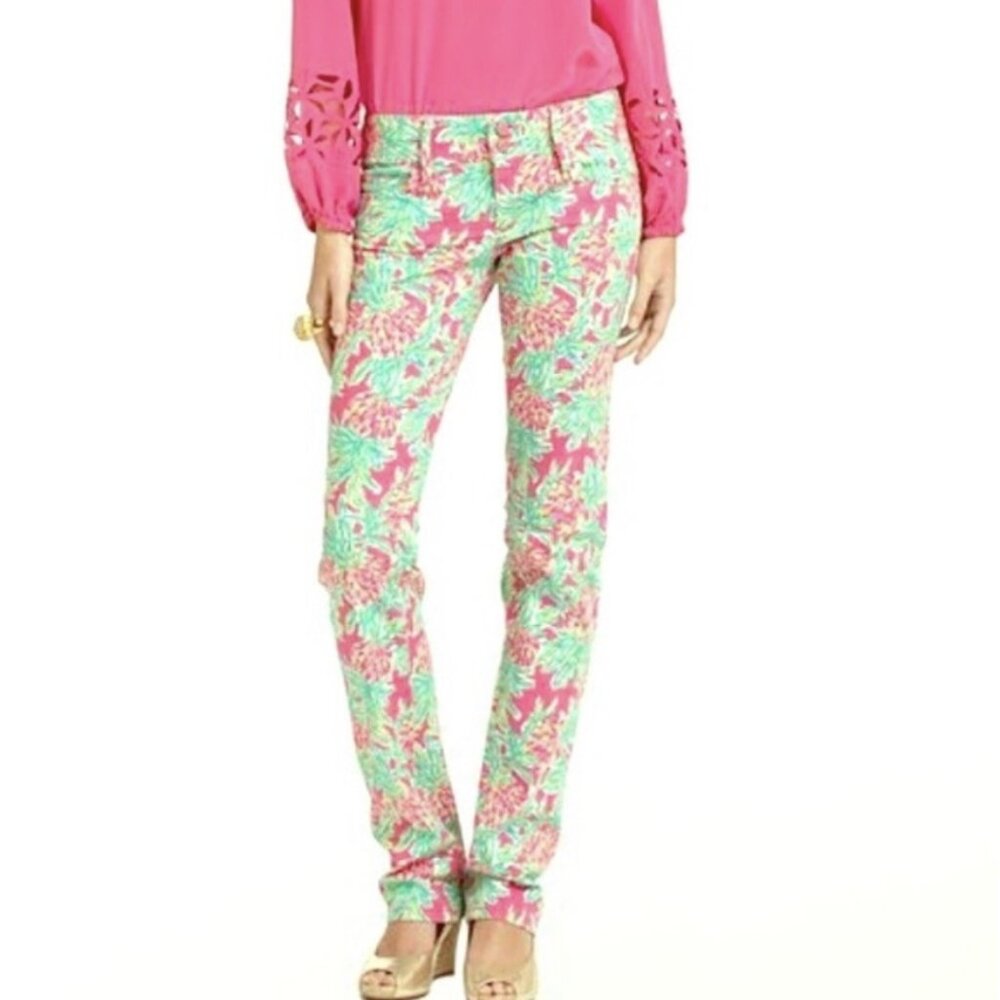 Lilly Pulitzer Worth Straight Leg Jeans Spike the Punch Floral Print Pink Size 8